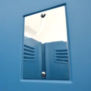 Blue standard restroom unit with a mirror inside in Rancho Cordova, CA