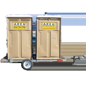 Towable trailer with two portable restrooms and sinks available for outdoor events in Rancho Cordova
