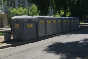 Multiple portable restrooms arranged for construction site standards in Rancho Cordova, CA