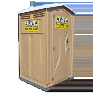Beige Portable Restroom with Internal Sink for Handwashing, Placed for Rental Use in Rancho Cordova